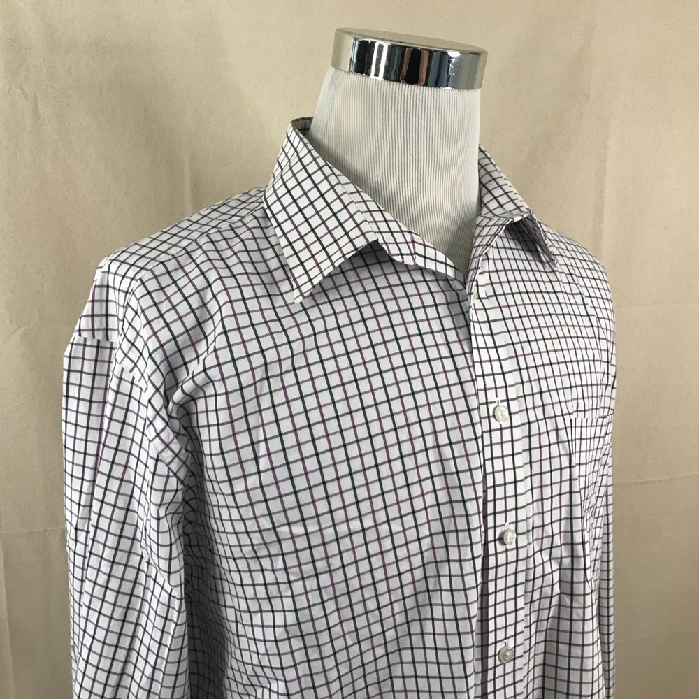 Stafford 18 34/35 Travel Performance Dress Shirt Purple Blue Plaid Regular Fit